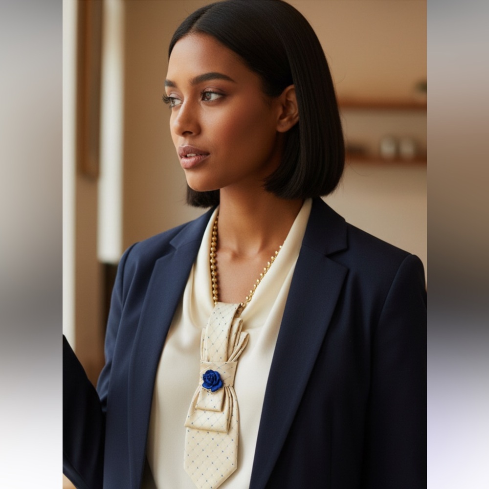 “Dainty Dapper”satiny feel cream necktie necklace with blue design and blue rose